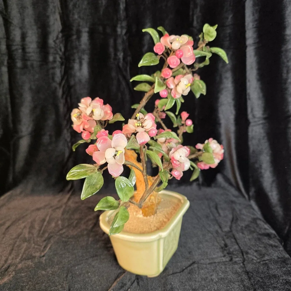 VTG Chinese Peking Glass Bonsai Tree Pink Cherry Blossom Celadon Crane 13